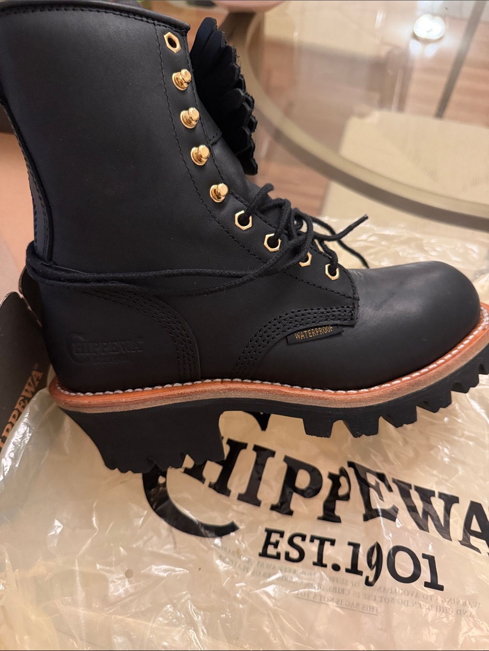 Chippewa Black Lace-Up Waterproof Lug Boots with Gold Hardware